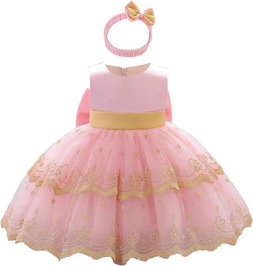0-6T Baby Girls Dress Princess Dress Special Occasion Formal Gowns Backless Pageant Wedding Party Dresses with Headwear