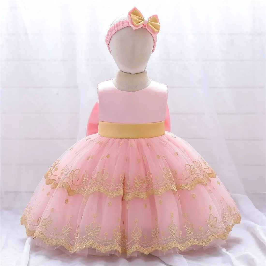 0-6T Baby Girls Dress Princess Dress Special Occasion Formal Gowns Backless Pageant Wedding Party Dresses with Headwear