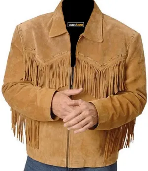 100% Genuine Leather Suede Western Jacket with Frings Cowboy Native American Jacket Coat-5XL Black