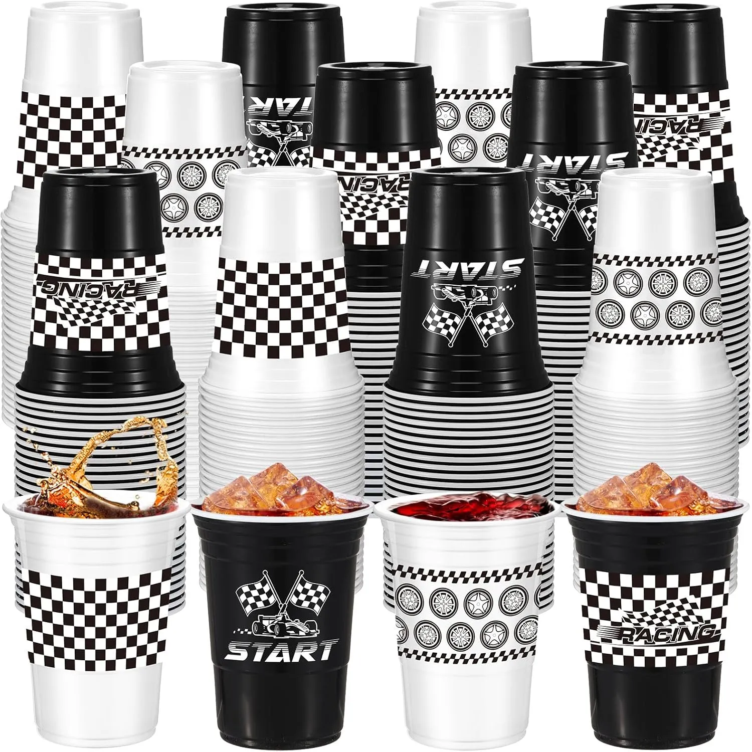 100 Pcs Race Car Party Supplies Bulk 16 oz Checkered Flag Cups Racing Themed Thick Plastic Cup for Race Car Birthday Party Checkered Racing Party Sports Themed Birthday Party Supplies