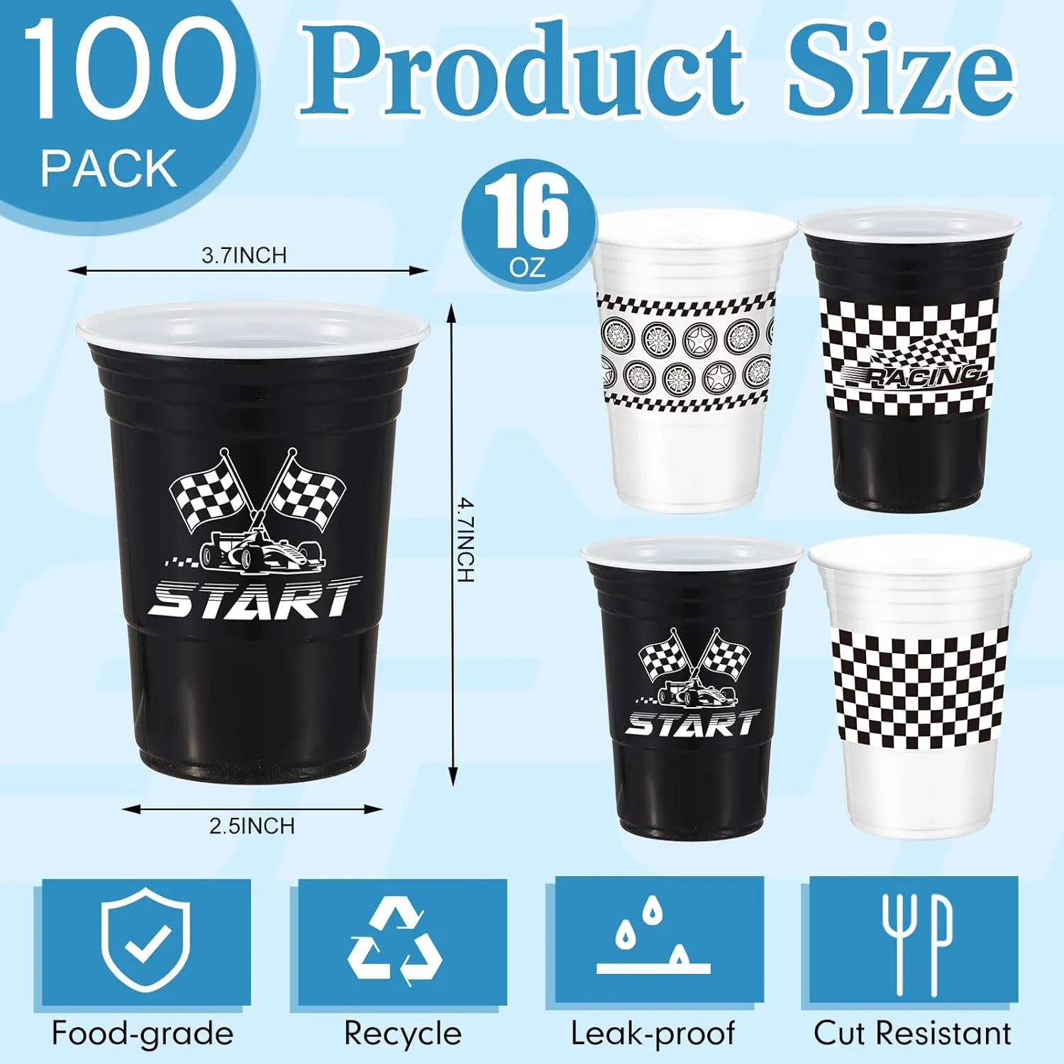 100 Pcs Race Car Party Supplies Bulk 16 oz Checkered Flag Cups Racing Themed Thick Plastic Cup for Race Car Birthday Party Checkered Racing Party Sports Themed Birthday Party Supplies