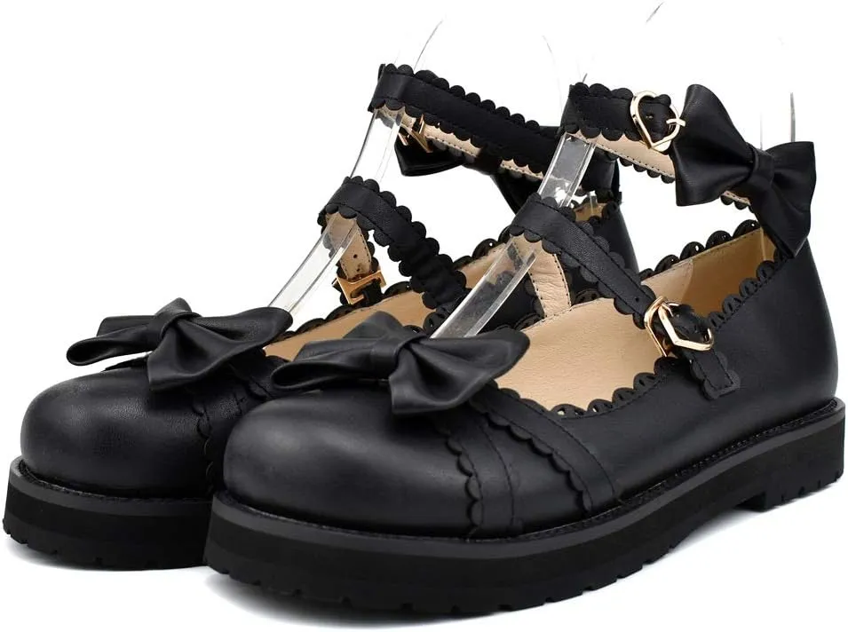 100FIXEO Women's Ankle Strap Platform Mary Janes Kawaii Goth Shoes with Bows