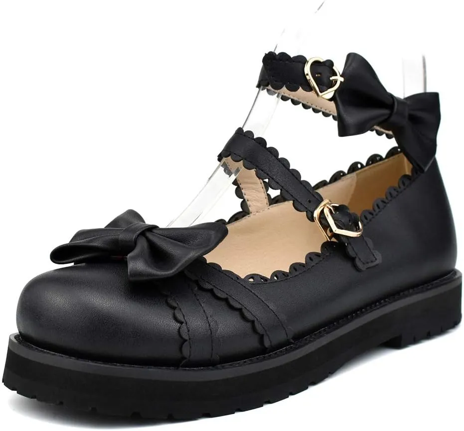 100FIXEO Women's Ankle Strap Platform Mary Janes Kawaii Goth Shoes with Bows