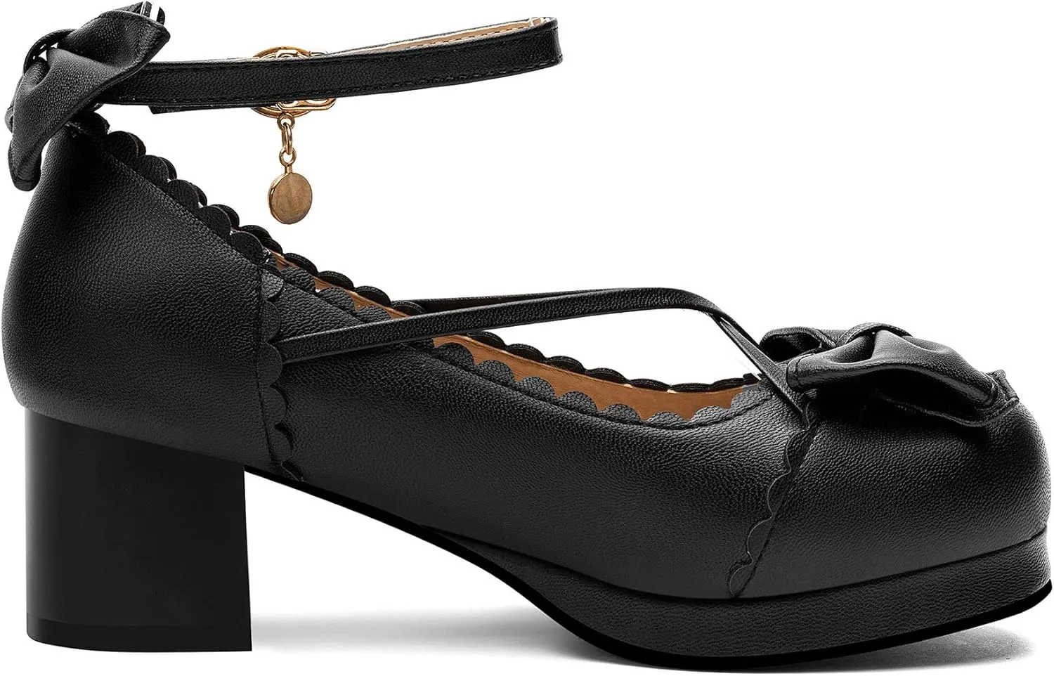 100FIXEO Women's Goth Platform Mary Jane Chunky Heels Kawaii Round Toe Ankle Strap Double Bow Cross-Tied Dress Pumps