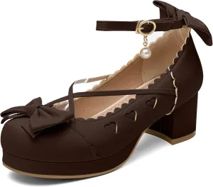 100FIXEO Women's Goth Platform Mary Jane Chunky Heels Kawaii Round Toe Ankle Strap Double Bow Cross-Tied Dress Pumps