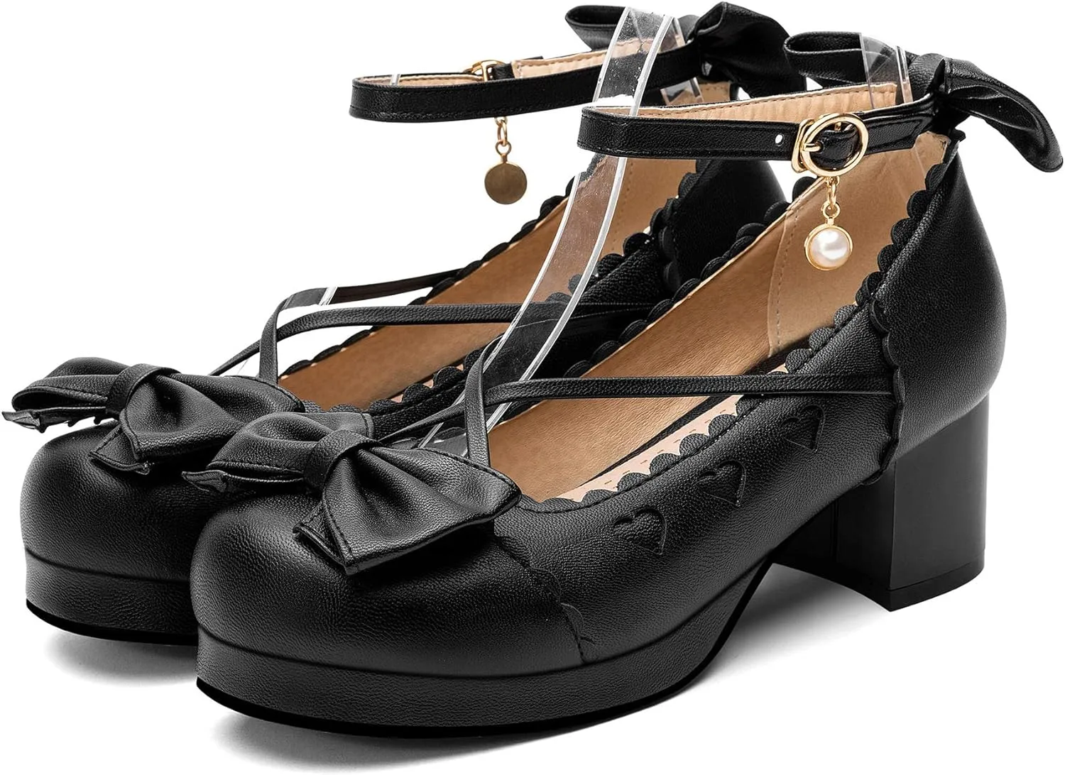 100FIXEO Women's Goth Platform Mary Jane Chunky Heels Kawaii Round Toe Ankle Strap Double Bow Cross-Tied Dress Pumps