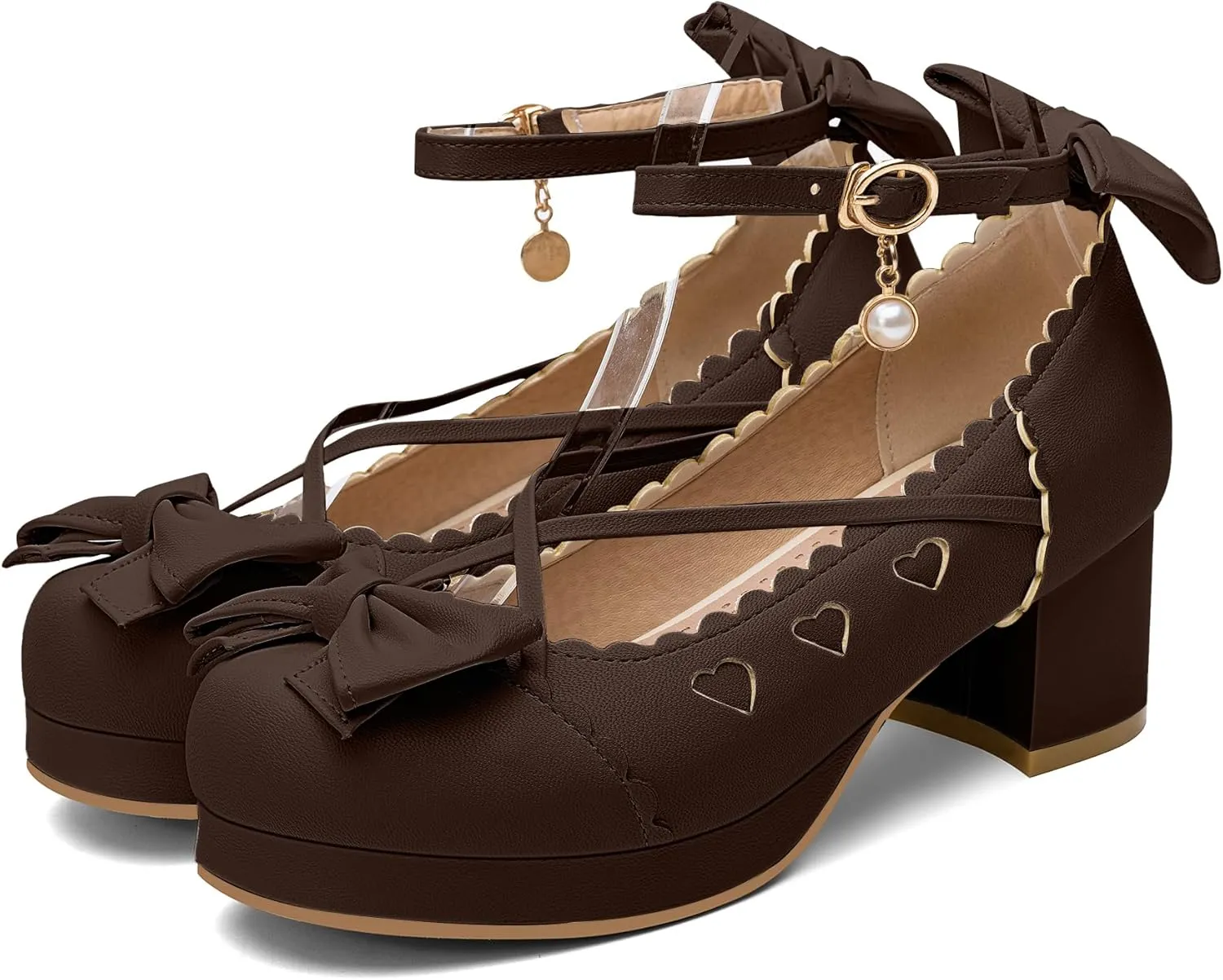 100FIXEO Women's Goth Platform Mary Jane Chunky Heels Kawaii Round Toe Ankle Strap Double Bow Cross-Tied Dress Pumps