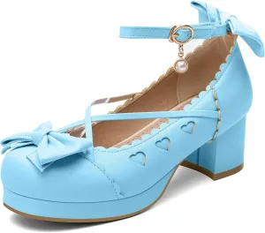 100FIXEO Women's Goth Platform Mary Jane Chunky Heels Kawaii Round Toe Ankle Strap Double Bow Cross-Tied Dress Pumps