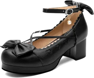 100FIXEO Women's Goth Platform Mary Jane Chunky Heels Kawaii Round Toe Ankle Strap Double Bow Cross-Tied Dress Pumps