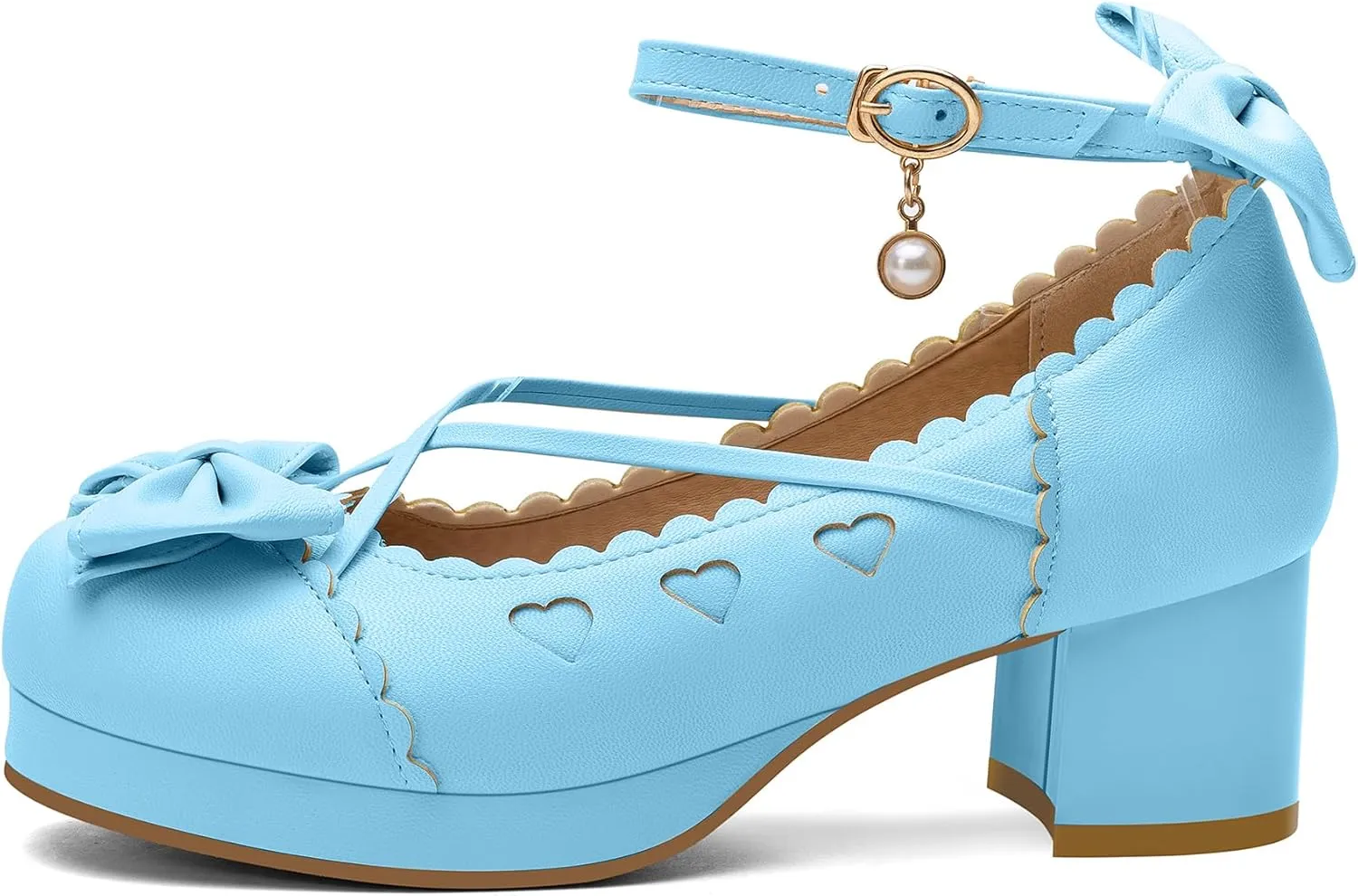 100FIXEO Women's Goth Platform Mary Jane Chunky Heels Kawaii Round Toe Ankle Strap Double Bow Cross-Tied Dress Pumps