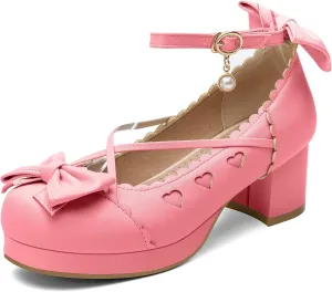 100FIXEO Women's Goth Platform Mary Jane Chunky Heels Kawaii Round Toe Ankle Strap Double Bow Cross-Tied Dress Pumps