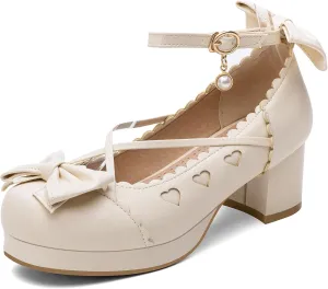 100FIXEO Women's Goth Platform Mary Jane Chunky Heels Kawaii Round Toe Ankle Strap Double Bow Cross-Tied Dress Pumps