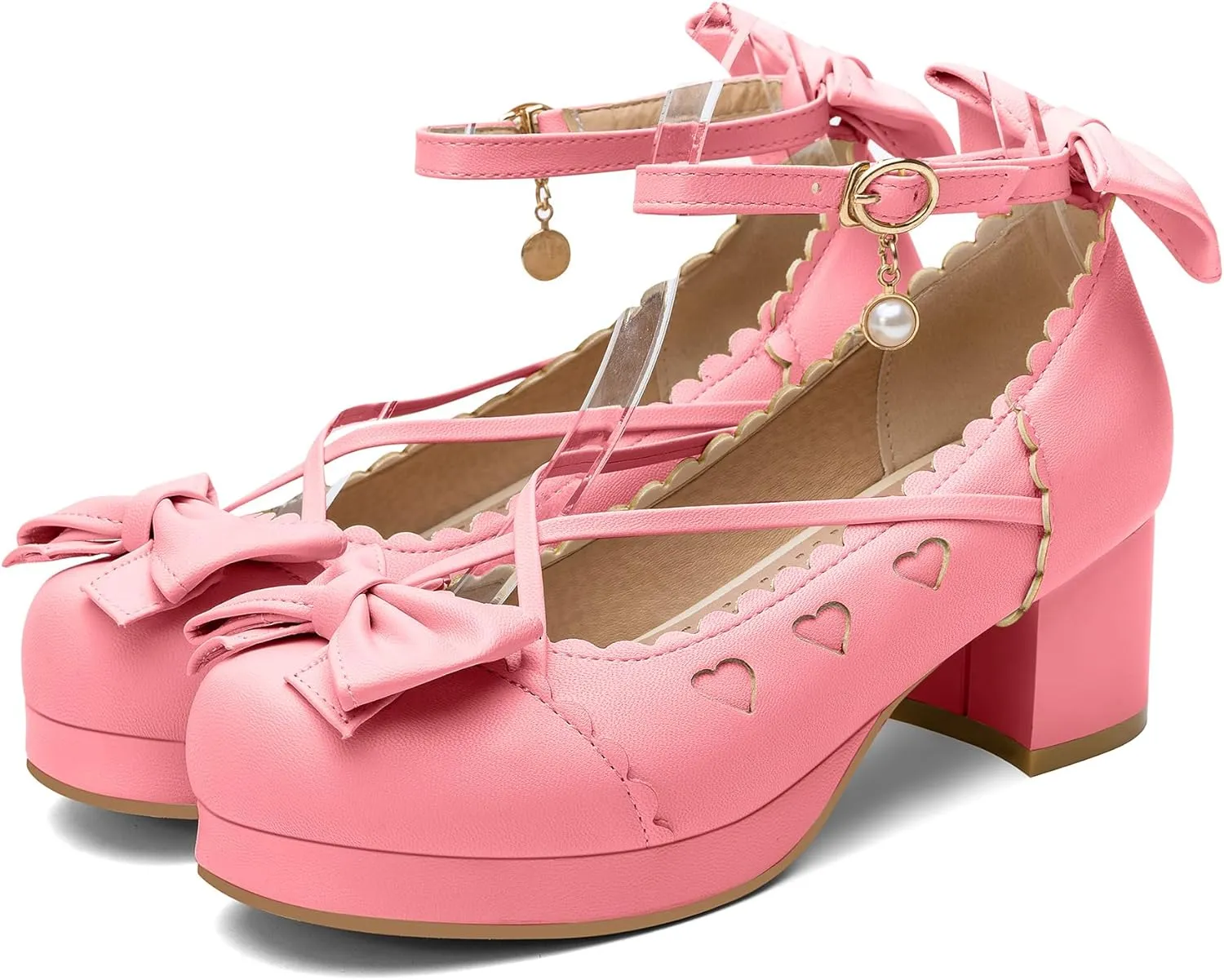 100FIXEO Women's Goth Platform Mary Jane Chunky Heels Kawaii Round Toe Ankle Strap Double Bow Cross-Tied Dress Pumps