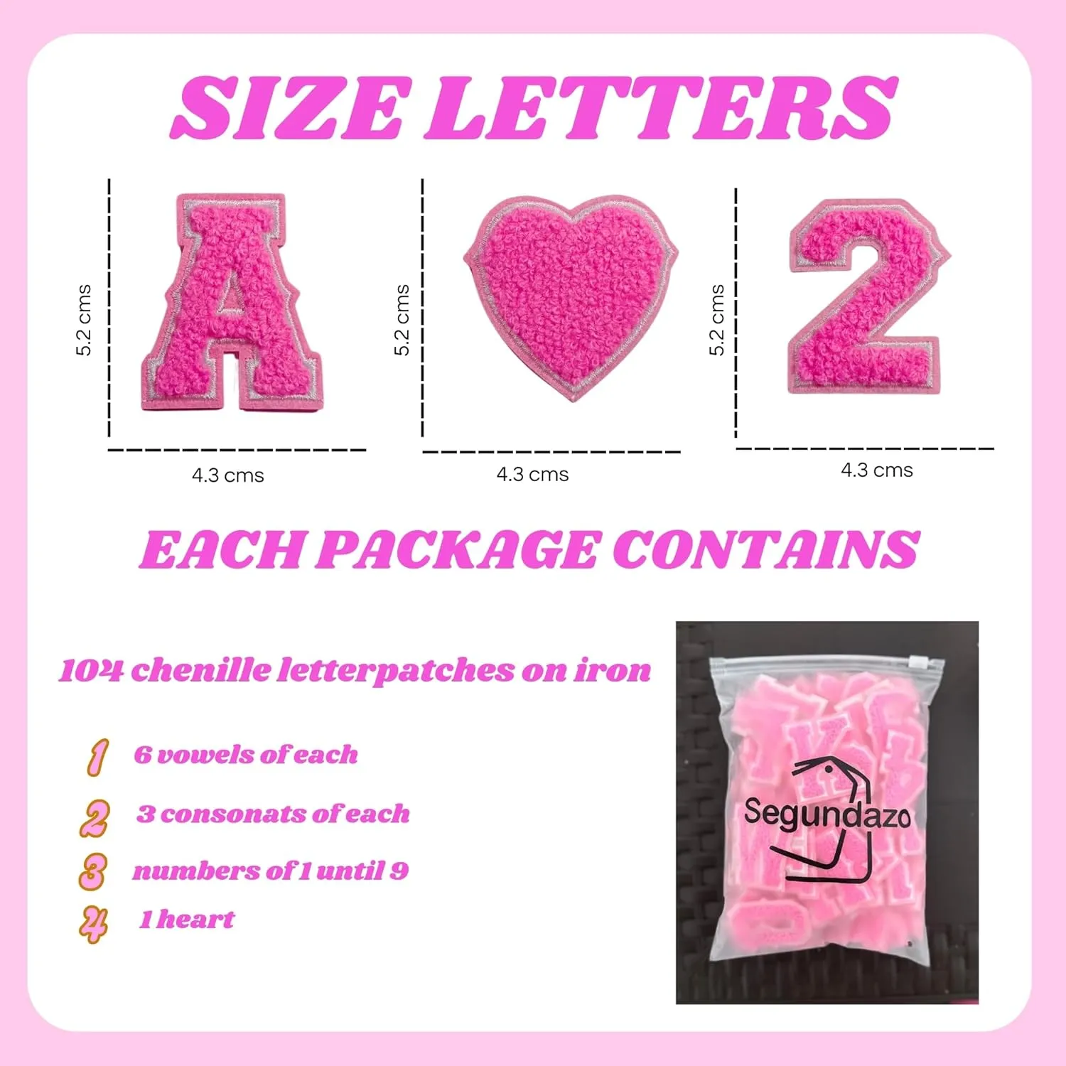 104 Pcs M¿Letterman Jacket Patches, Chenille Letter Patches, (Pink)