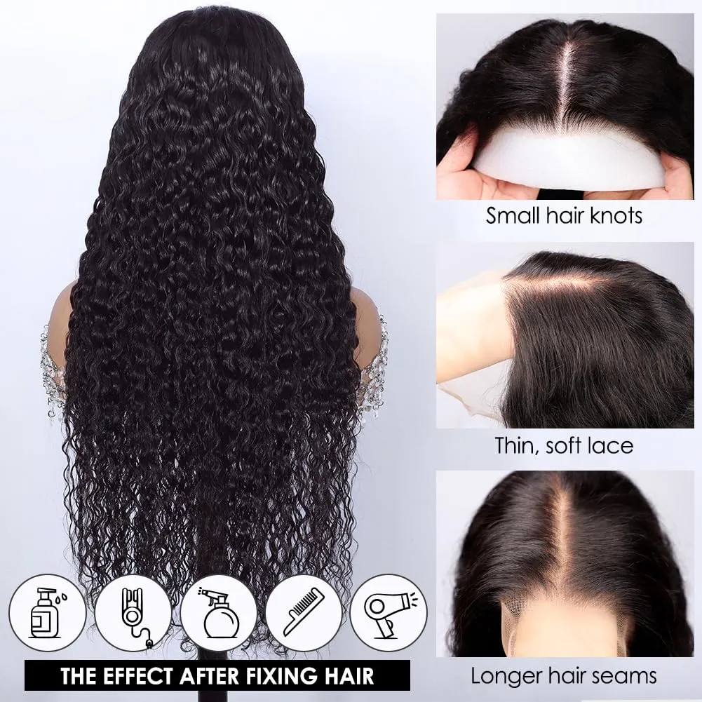 13x4 HD Transparent Lace Front Wigs Human Hair Pre Plucked Hairline with Baby Hair 200 Density Brazilian Water Wave Wigs for Black Women(14 Inch)