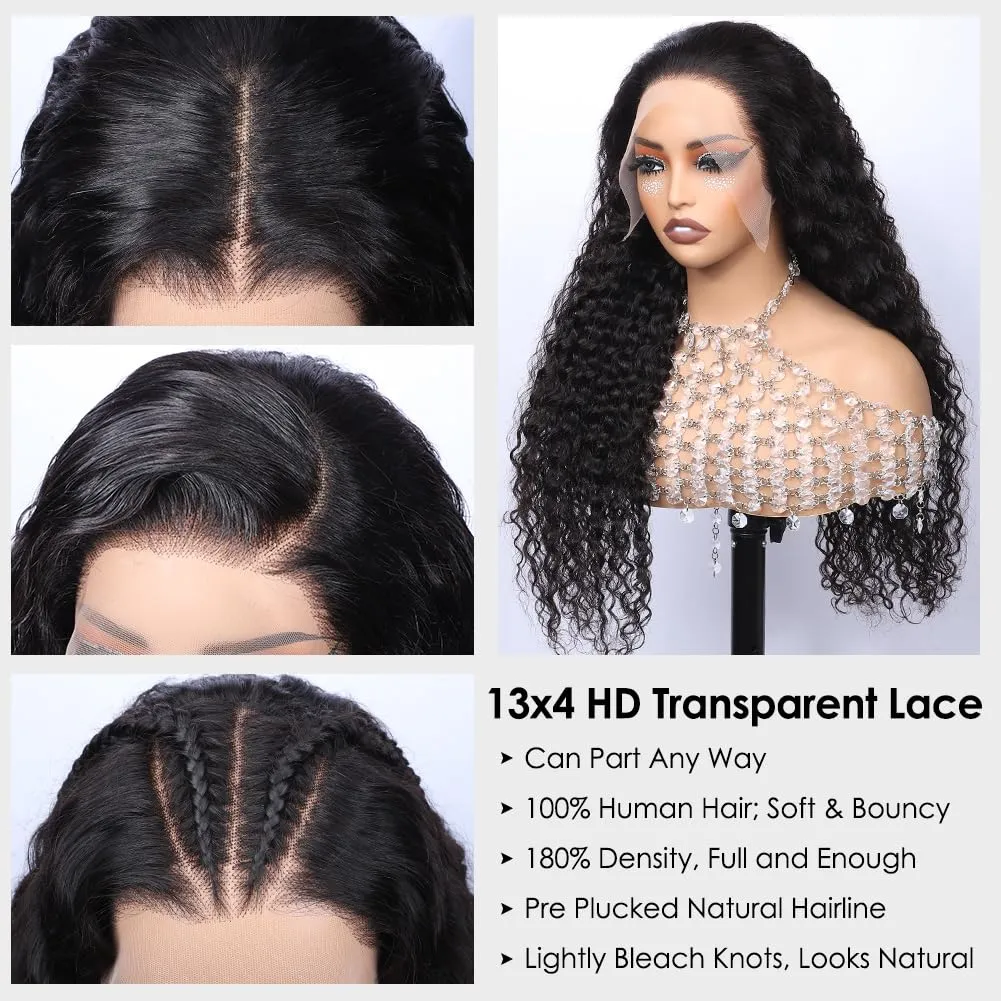 13x4 HD Transparent Lace Front Wigs Human Hair Pre Plucked Hairline with Baby Hair 200 Density Brazilian Water Wave Wigs for Black Women(14 Inch)