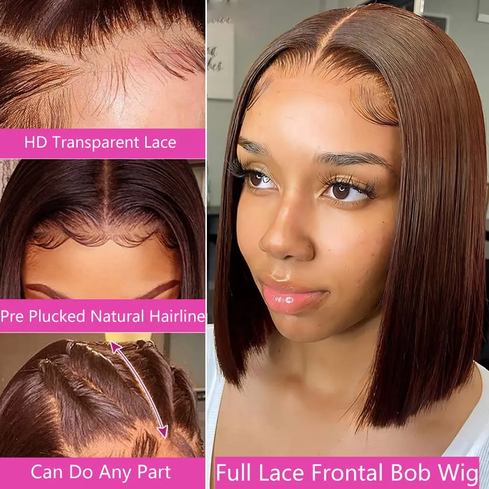 13X4 HD Transparent Pre Plucked Straight Colored #4 Brown Bob Wig 100% Unprocessed Human Hair Glueless Lace Frontal Wigs Natural Hairline Lace Front Chocolate Brown Bob Wigs For Black Women 8 Inch