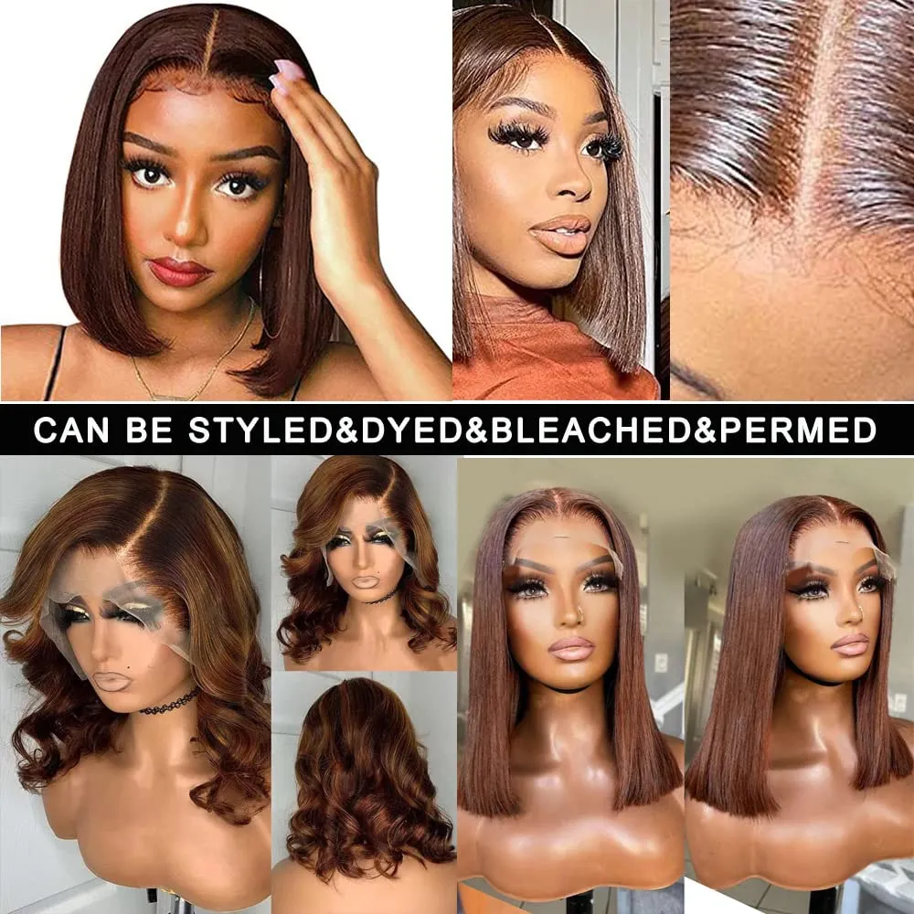 13X4 HD Transparent Pre Plucked Straight Colored #4 Brown Bob Wig 100% Unprocessed Human Hair Glueless Lace Frontal Wigs Natural Hairline Lace Front Chocolate Brown Bob Wigs For Black Women 8 Inch