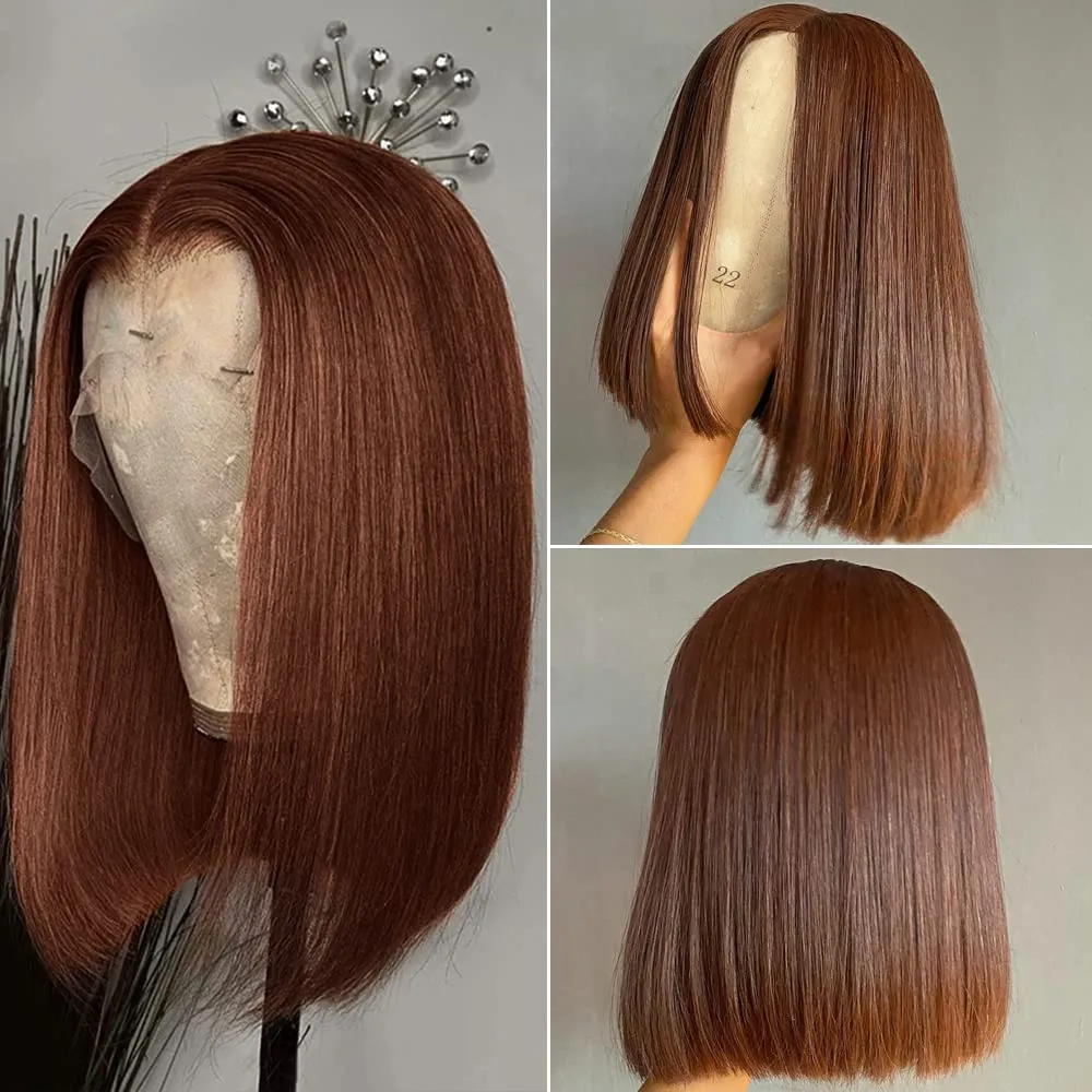 13X4 HD Transparent Pre Plucked Straight Colored #4 Brown Bob Wig 100% Unprocessed Human Hair Glueless Lace Frontal Wigs Natural Hairline Lace Front Chocolate Brown Bob Wigs For Black Women 8 Inch