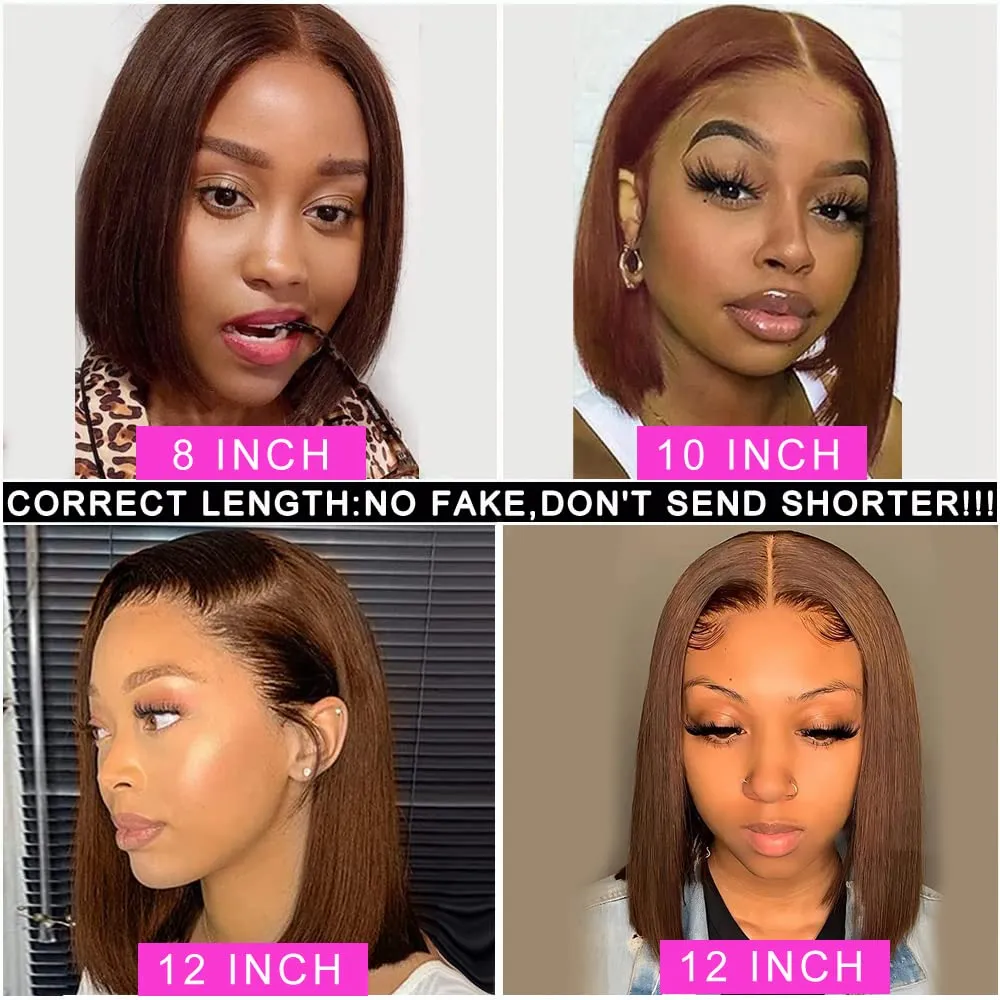 13X4 HD Transparent Pre Plucked Straight Colored #4 Brown Bob Wig 100% Unprocessed Human Hair Glueless Lace Frontal Wigs Natural Hairline Lace Front Chocolate Brown Bob Wigs For Black Women 8 Inch