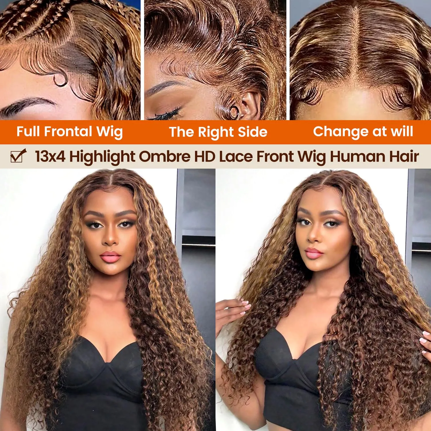 13x4 Highlight Ombre HD Lace Front Wig Human Hair 180% Density Honey Blonde Deep Wave Lace Front Wigs Human Hair Lace Front Wigs for Women P4/27 Colored Deep Curly Wave Lace Frontal Wigs (26inch)