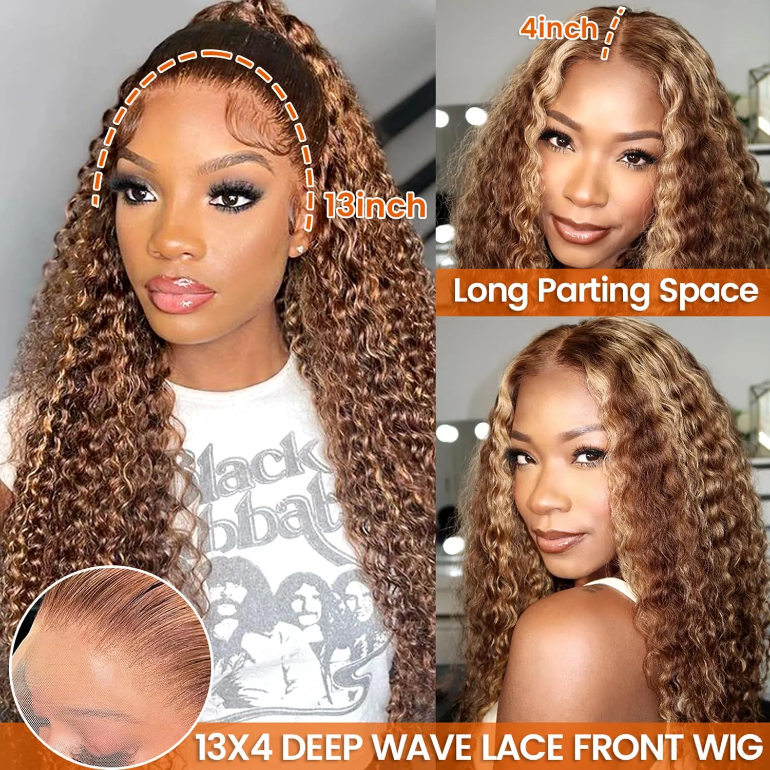 13x4 Highlight Ombre HD Lace Front Wig Human Hair 180% Density Honey Blonde Deep Wave Lace Front Wigs Human Hair Lace Front Wigs for Women P4/27 Colored Deep Curly Wave Lace Frontal Wigs (26inch)