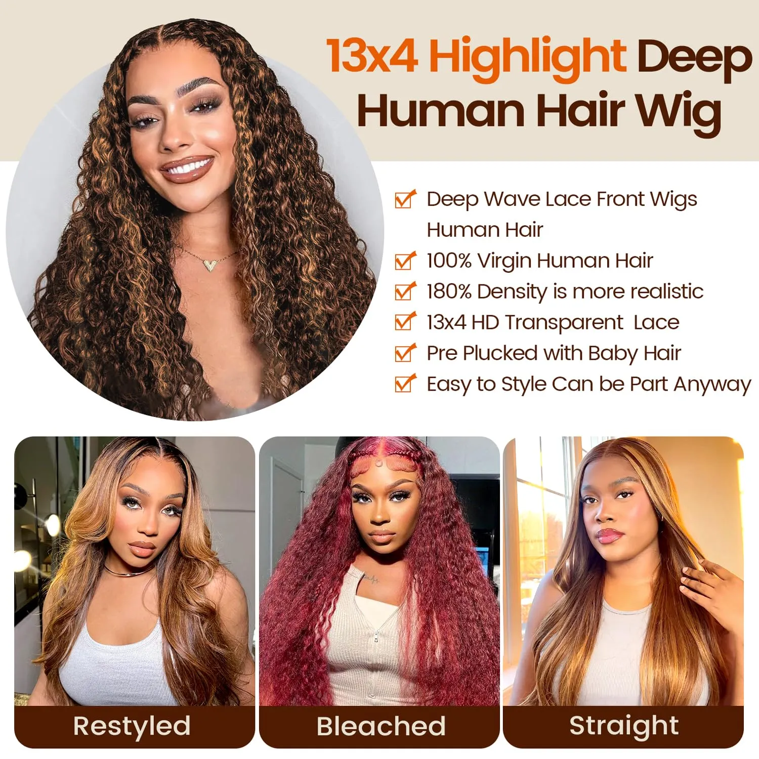 13x4 Highlight Ombre HD Lace Front Wig Human Hair 180% Density Honey Blonde Deep Wave Lace Front Wigs Human Hair Lace Front Wigs for Women P4/27 Colored Deep Curly Wave Lace Frontal Wigs (26inch)