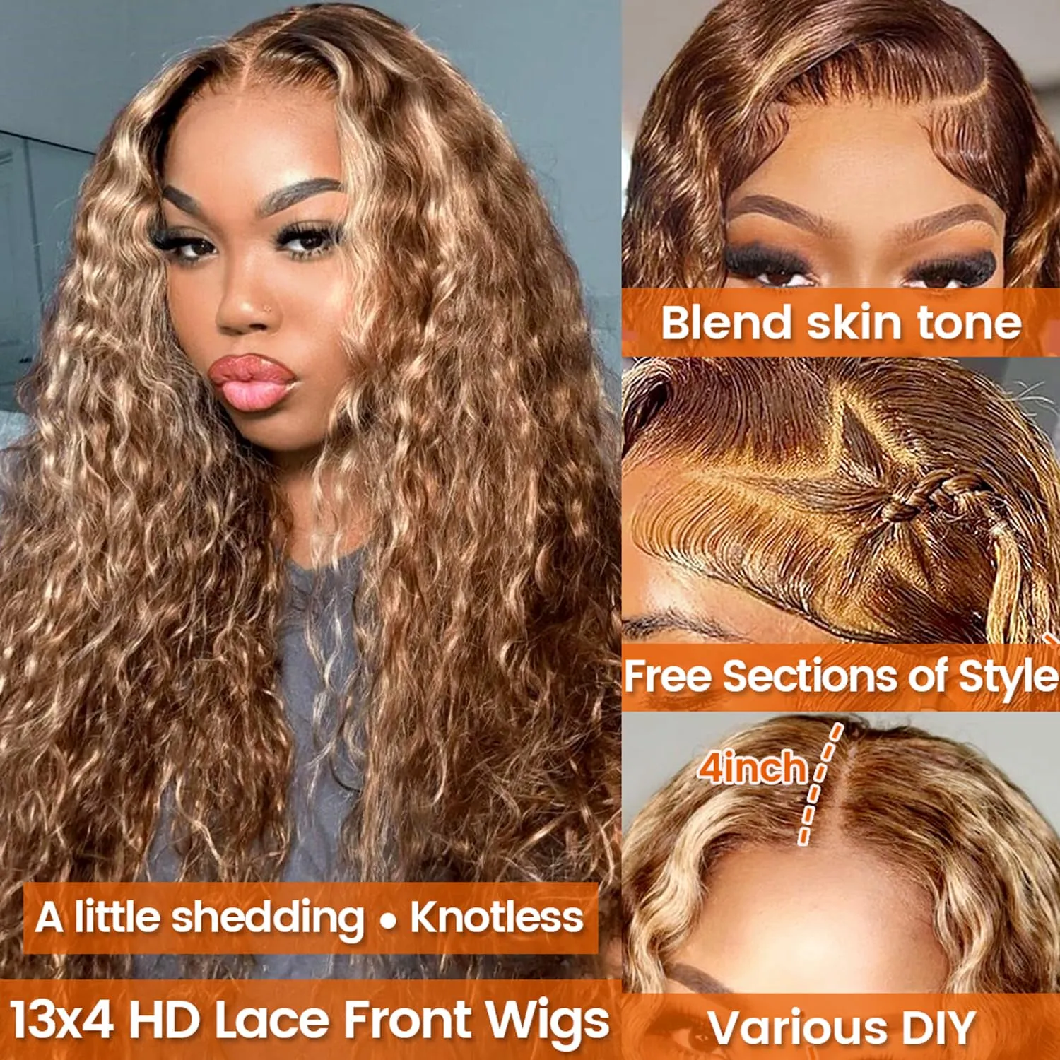 13x4 Highlight Ombre HD Lace Front Wig Human Hair 180% Density Honey Blonde Deep Wave Lace Front Wigs Human Hair Lace Front Wigs for Women P4/27 Colored Deep Curly Wave Lace Frontal Wigs (26inch)