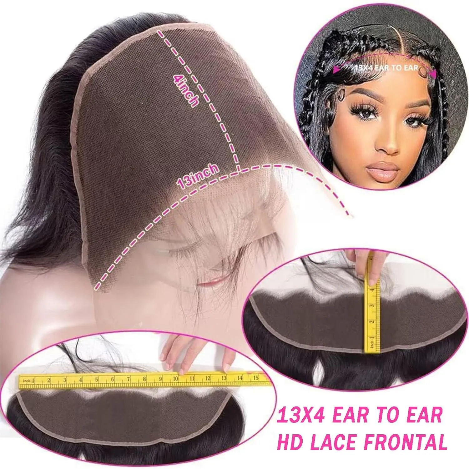 13x4 Lace Frontal Closure Body Wave Ear to Ear HD Lace Frontal 14 Inch Brazilian Human Hair Closure Free Part 150% Density Body Wave Hair Extensions Pre Plucked Natural Black