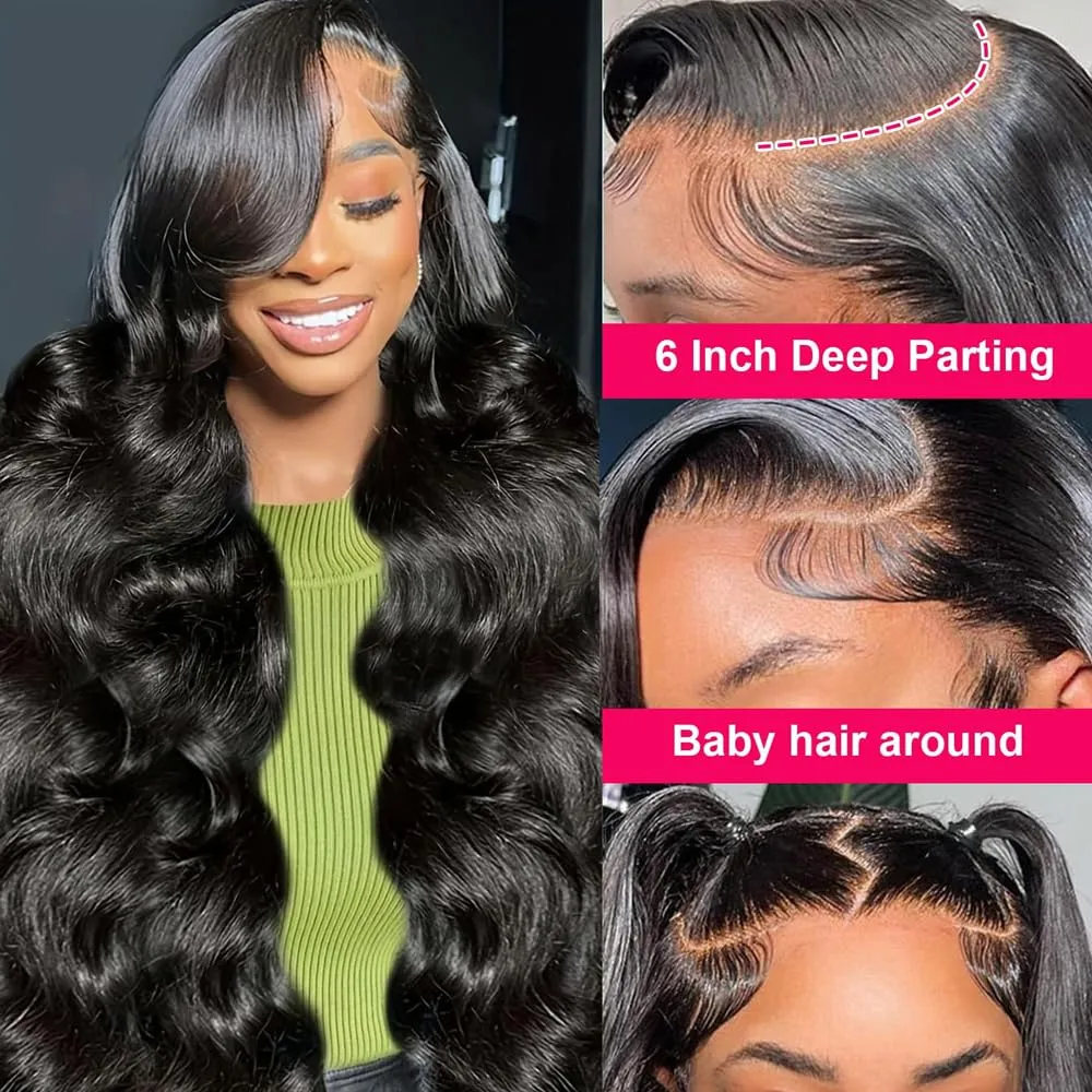 13x6 Body Wave Lace Front Wigs Human Hair 180 Density HD Transparent Lace Frontal Body Wave Wigs Pre Plucked Brazilian Virgin Glueless Wig Human Hair For Women 24 Inch Full End
