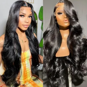 13x6 Body Wave Lace Front Wigs Human Hair 180 Density HD Transparent Lace Frontal Body Wave Wigs Pre Plucked Brazilian Virgin Glueless Wig Human Hair For Women 24 Inch Full End