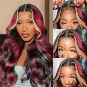 13X6 Burgundy Lace front Wigs Human Hair Ombre Lace Front Wig Human Hair 24Inch 1B/27/99J Highlight Lace Front Wig Human Hair Burgundy Colored Body Wave Wigs Pre Plucked