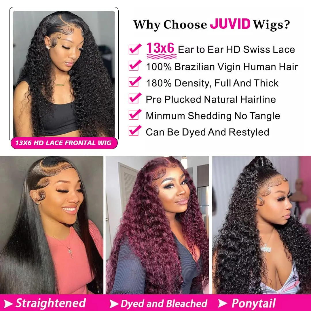 13x6 Deep Wave Lace Front Wigs Human Hair HD Lace Front Wigs Human Hair For Women Curly Human Hair Wig Pre Plucked with Baby Hair 180% Water Wave Lace Front Wigs 18inch