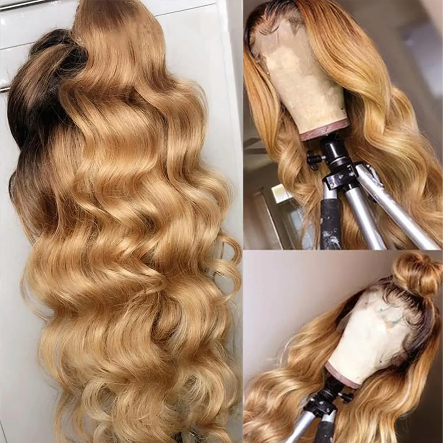 13x6 Ombre Body Wave Lace Front Wigs Human Hair Pre Plucked 180% Density Chocolate Brown to Honey Blonde Frontal Wigs Human Hair HD Lace Wig Glueless Wig for Black Women Bleached Knots 18 Inch
