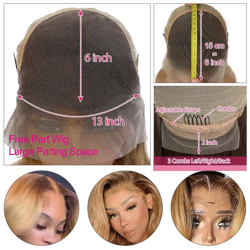 13x6 Ombre Body Wave Lace Front Wigs Human Hair Pre Plucked 180% Density Chocolate Brown to Honey Blonde Frontal Wigs Human Hair HD Lace Wig Glueless Wig for Black Women Bleached Knots 18 Inch