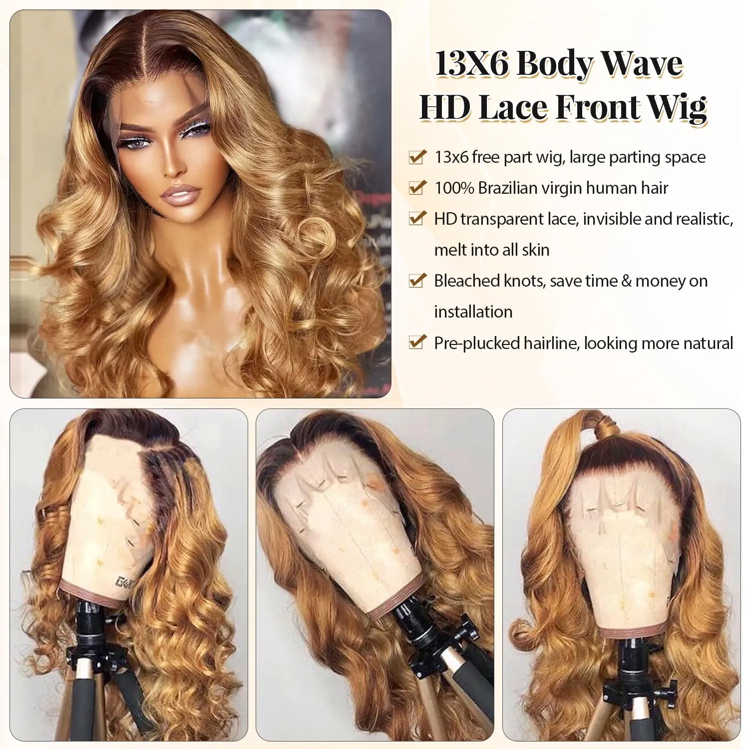 13x6 Ombre Body Wave Lace Front Wigs Human Hair Pre Plucked 180% Density Chocolate Brown to Honey Blonde Frontal Wigs Human Hair HD Lace Wig Glueless Wig for Black Women Bleached Knots 18 Inch