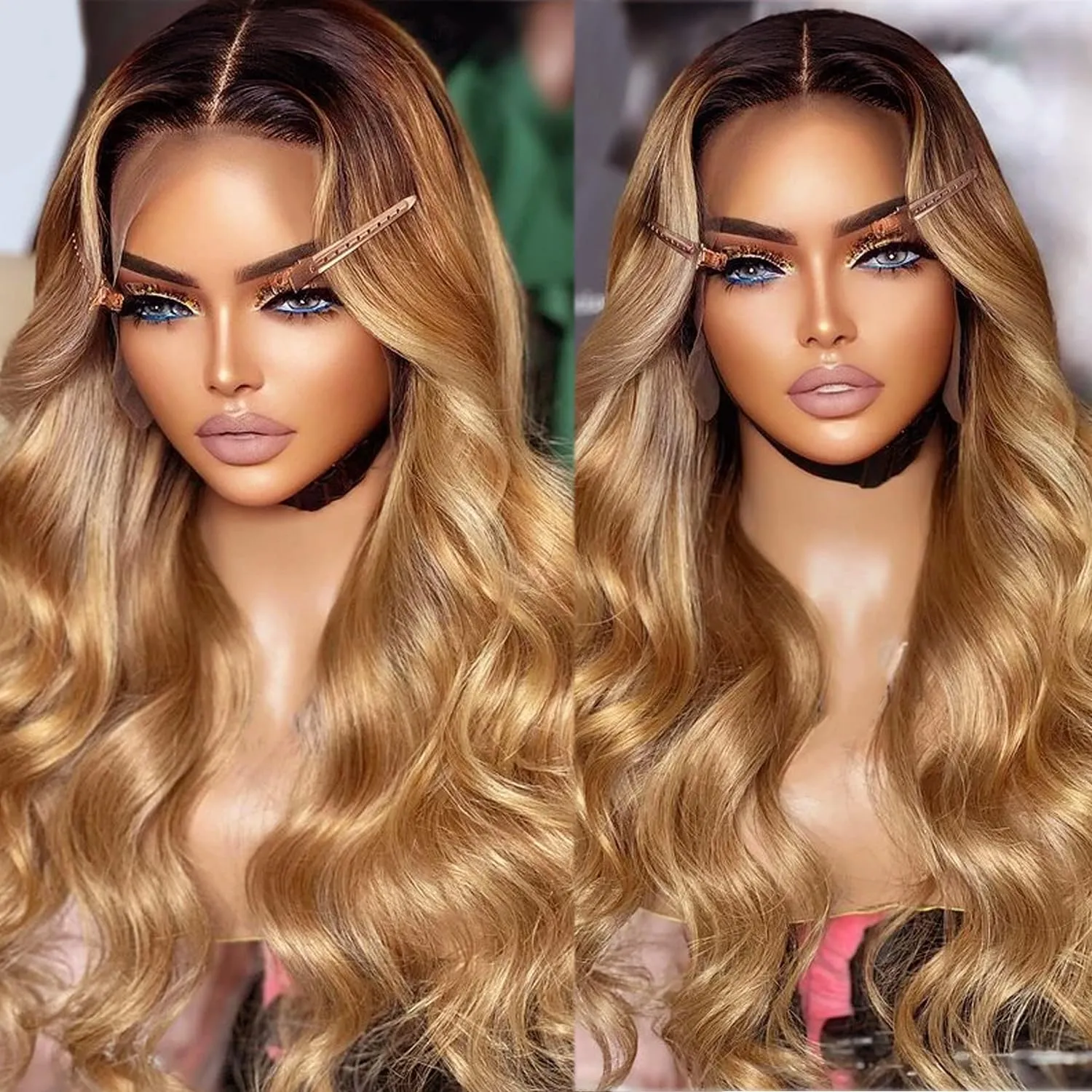 13x6 Ombre Body Wave Lace Front Wigs Human Hair Pre Plucked 180% Density Chocolate Brown to Honey Blonde Frontal Wigs Human Hair HD Lace Wig Glueless Wig for Black Women Bleached Knots 18 Inch