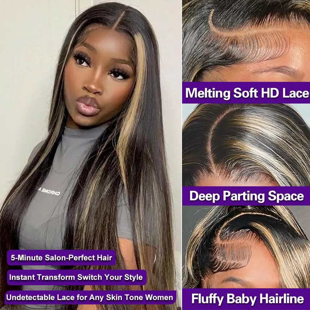 13x6 Synthetic Lace Front Wig - Glueless Ready to Wear 26" Synthetic Wigs for Black Women, Pre-Plucked Baby Hair Heat-Resistant Black Blonde Highlights Wig Beginner Friendly