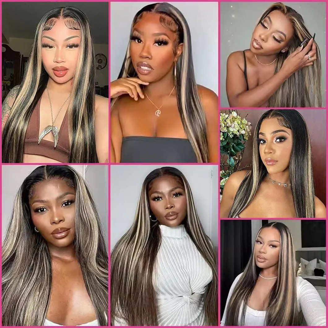 13x6 Synthetic Lace Front Wig - Glueless Ready to Wear 26" Synthetic Wigs for Black Women, Pre-Plucked Baby Hair Heat-Resistant Black Blonde Highlights Wig Beginner Friendly