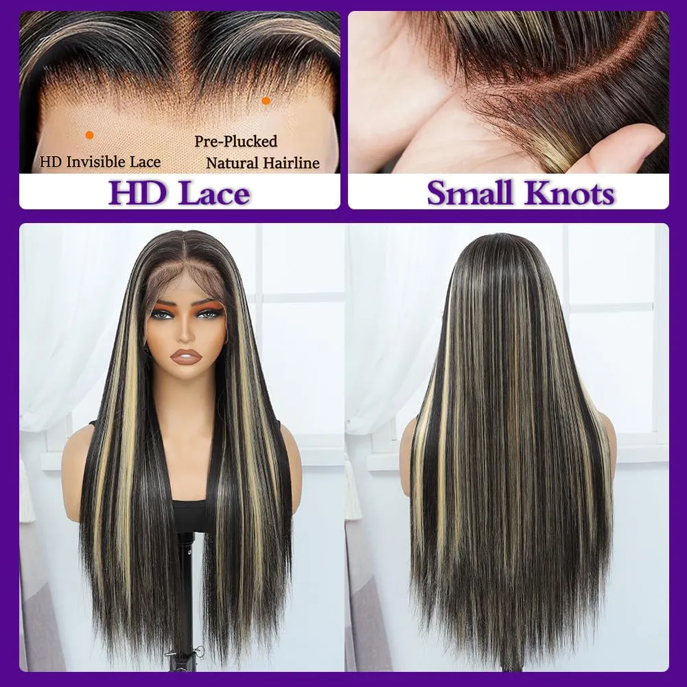13x6 Synthetic Lace Front Wig - Glueless Ready to Wear 26" Synthetic Wigs for Black Women, Pre-Plucked Baby Hair Heat-Resistant Black Blonde Highlights Wig Beginner Friendly