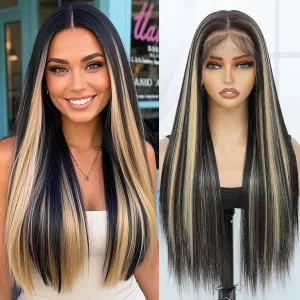 13x6 Synthetic Lace Front Wig - Glueless Ready to Wear 26" Synthetic Wigs for Black Women, Pre-Plucked Baby Hair Heat-Resistant Black Blonde Highlights Wig Beginner Friendly