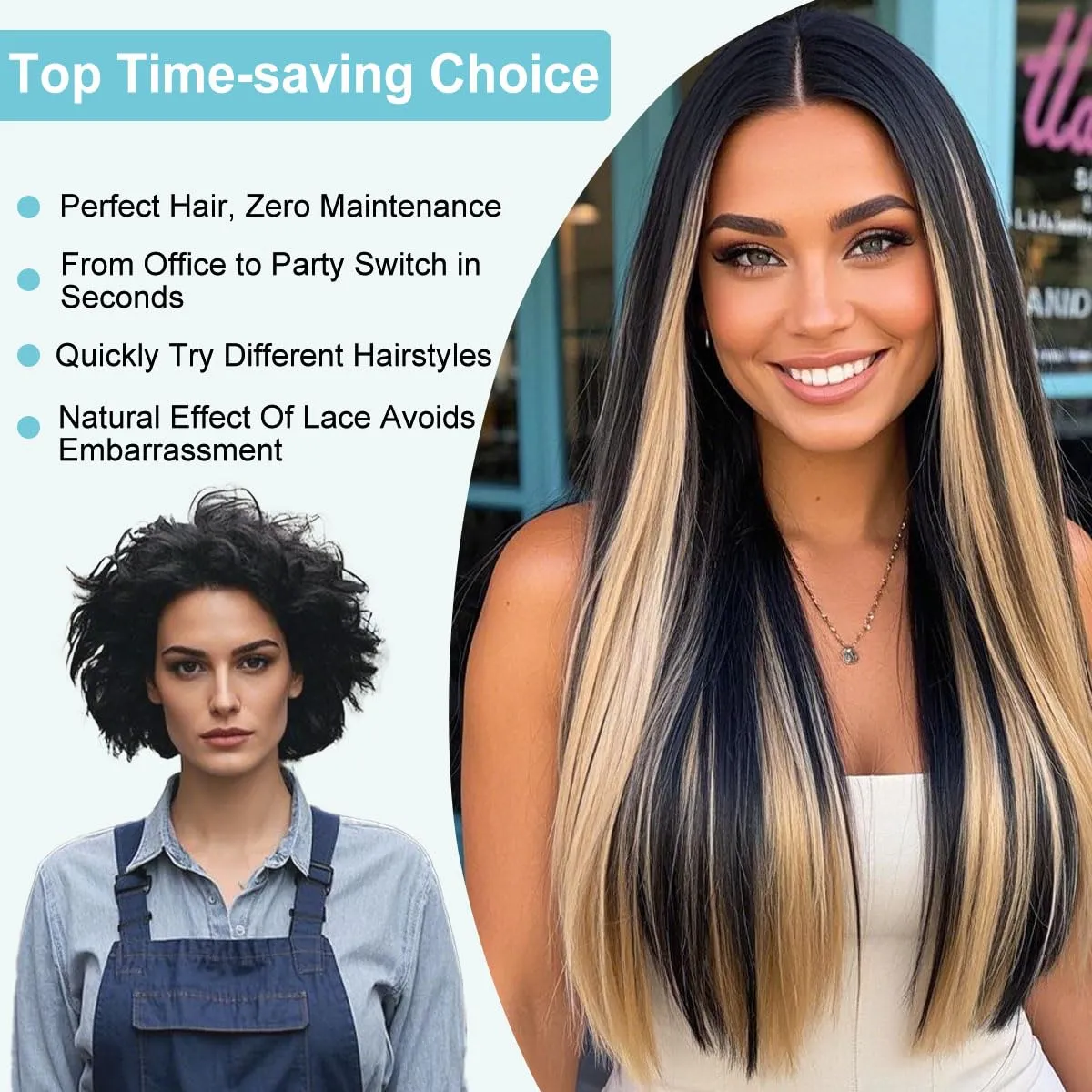 13x6 Synthetic Lace Front Wig - Glueless Ready to Wear 26" Synthetic Wigs for Black Women, Pre-Plucked Baby Hair Heat-Resistant Black Blonde Highlights Wig Beginner Friendly
