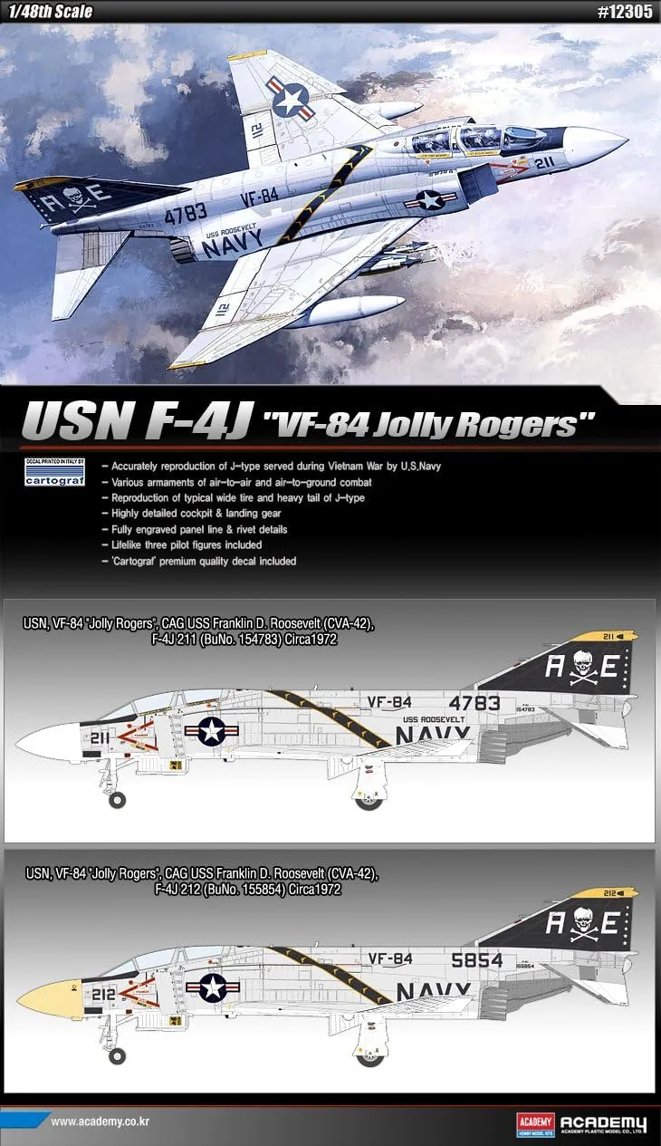 1/48 USN F-4J VF-84 Jolly Rogers 12305 with 3 Lifelike Pilot Figures - Plastic Model Kit