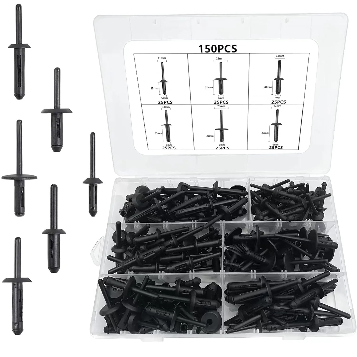 150Pcs Plastic Rivet Clip,Automotive Universal Nylon Pop Rivet Assortment,6 Most Popular Sizes Black Nylon Universal Rivet Kit,Replacement for GM Ford Chrysler VW,Nylon Fastener