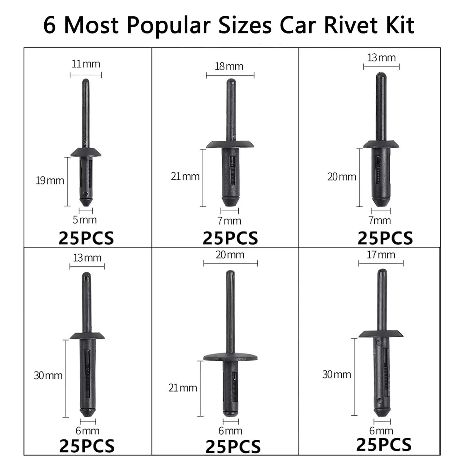 150Pcs Plastic Rivet Clip,Automotive Universal Nylon Pop Rivet Assortment,6 Most Popular Sizes Black Nylon Universal Rivet Kit,Replacement for GM Ford Chrysler VW,Nylon Fastener