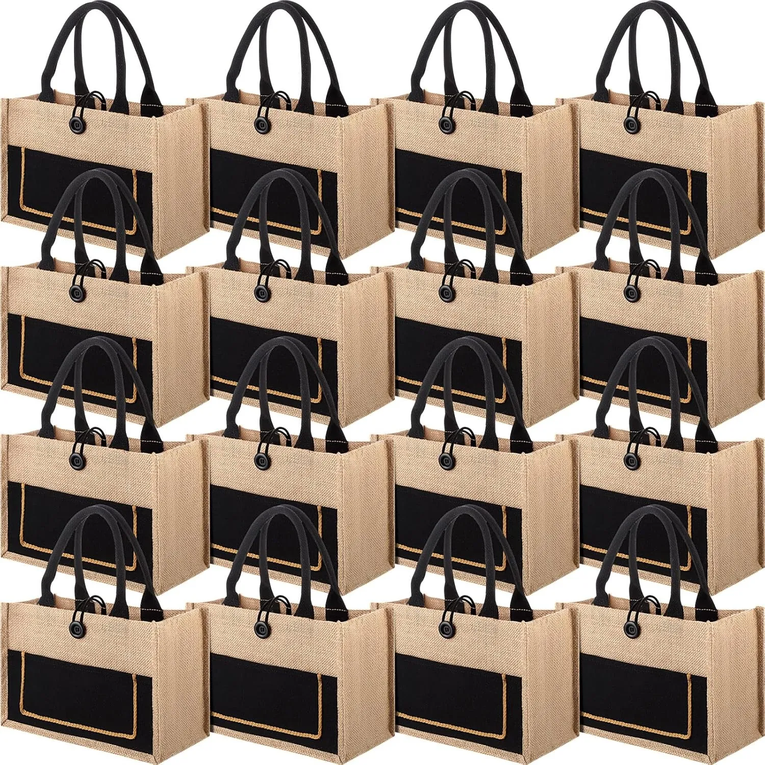 16 Pieces Jute Burlap Totes Jute Tote Bags Reusable Burlap Bags with Handles for Wedding Shopping, 11.8 x 7.87 x 5.5 Inches (Black)