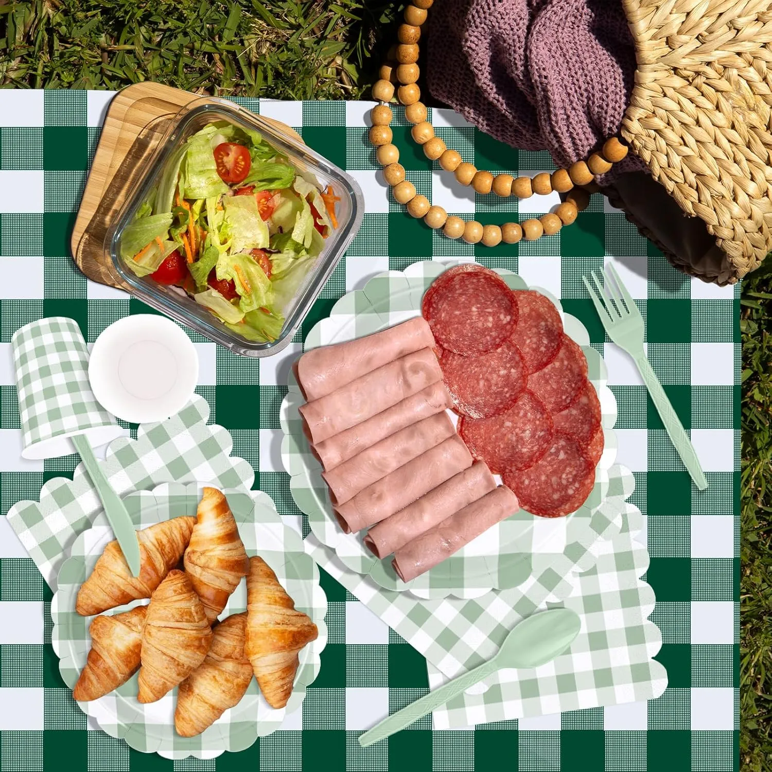 175 PCS Sage Green Gingham Plates and Napkins, Green Checkered Disposable Plates Set with Napkins Cups Plastic Spoons Forks Knives for Dinner Birthday Baby Shower Wedding Supplies Serve 25 Guests