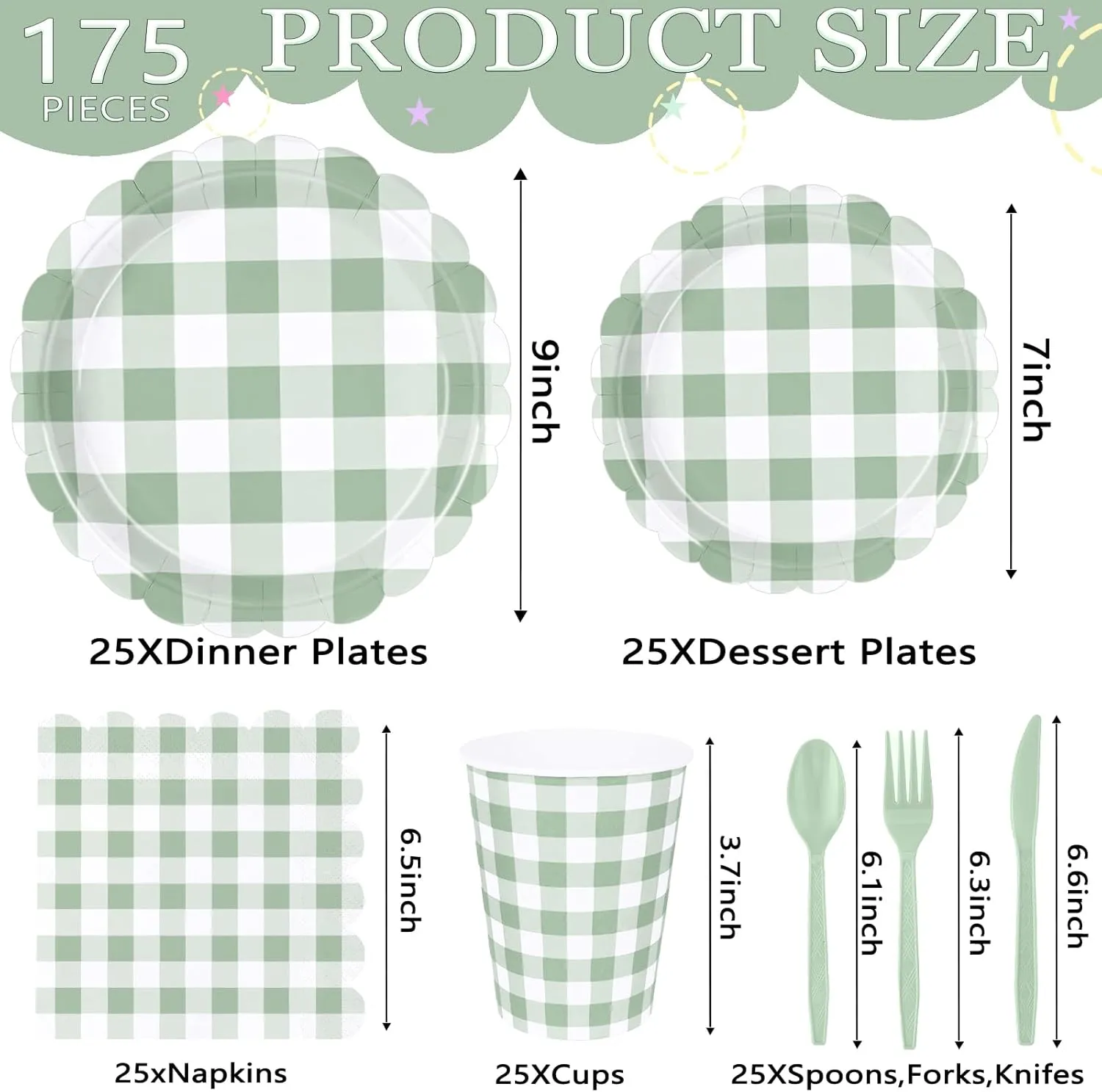 175 PCS Sage Green Gingham Plates and Napkins, Green Checkered Disposable Plates Set with Napkins Cups Plastic Spoons Forks Knives for Dinner Birthday Baby Shower Wedding Supplies Serve 25 Guests