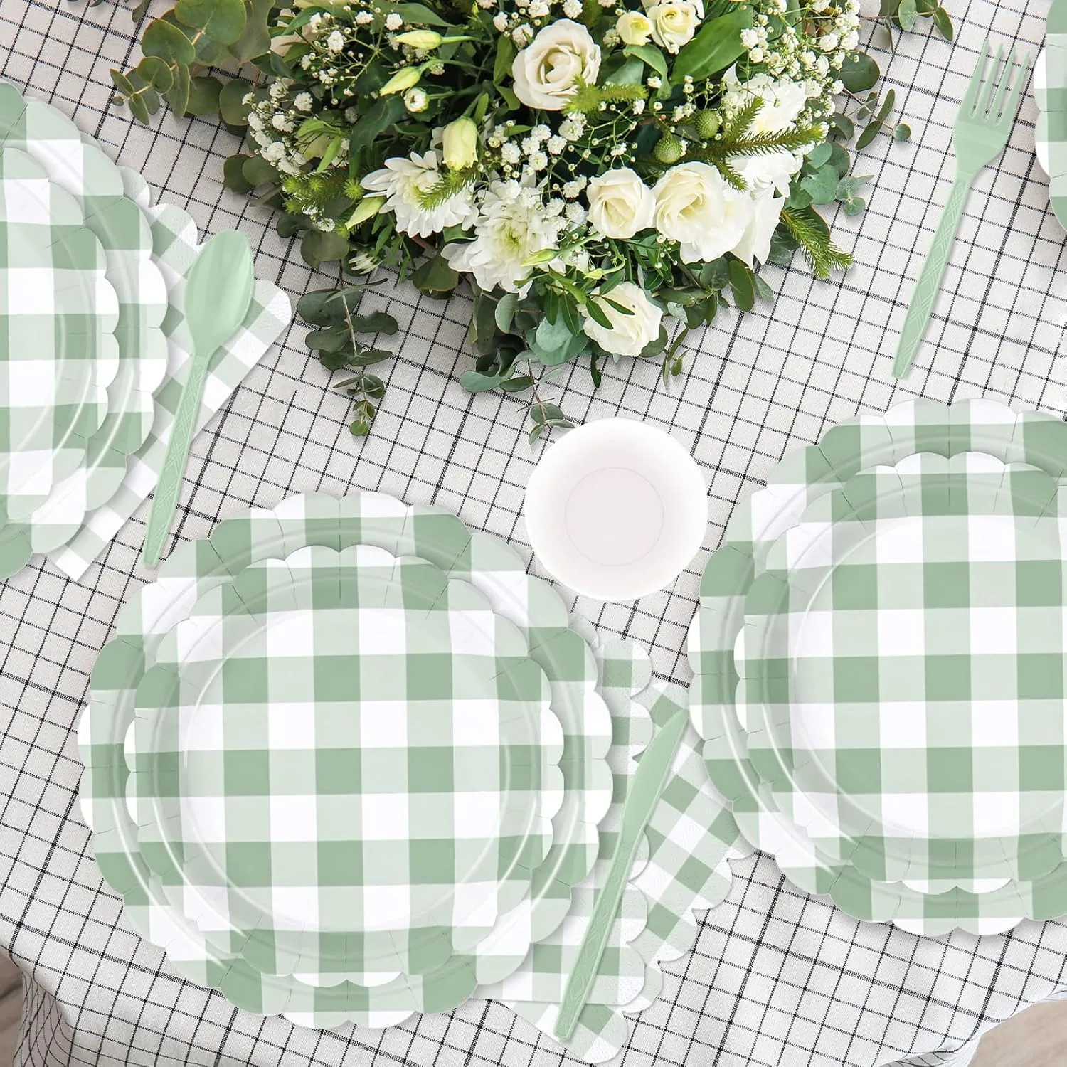 175 PCS Sage Green Gingham Plates and Napkins, Green Checkered Disposable Plates Set with Napkins Cups Plastic Spoons Forks Knives for Dinner Birthday Baby Shower Wedding Supplies Serve 25 Guests