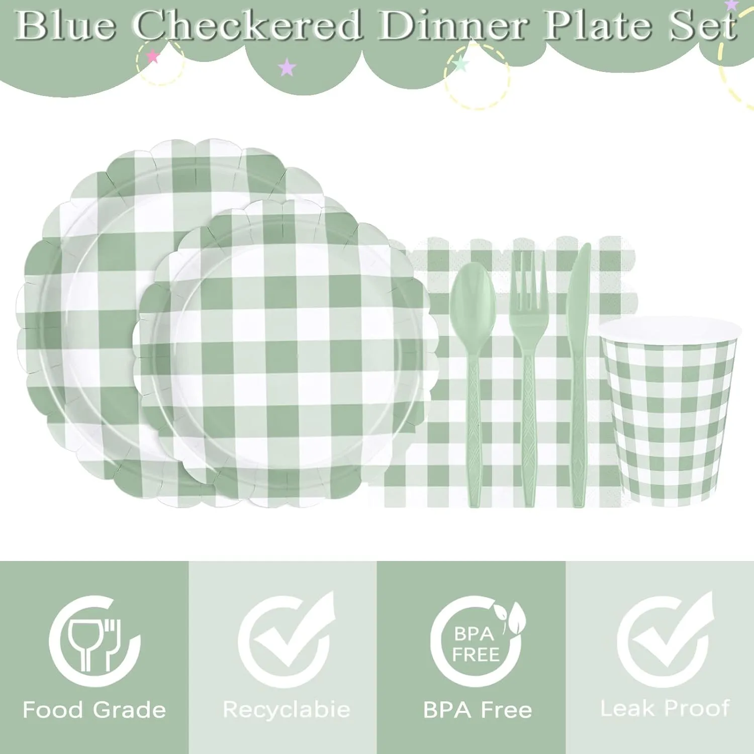 175 PCS Sage Green Gingham Plates and Napkins, Green Checkered Disposable Plates Set with Napkins Cups Plastic Spoons Forks Knives for Dinner Birthday Baby Shower Wedding Supplies Serve 25 Guests